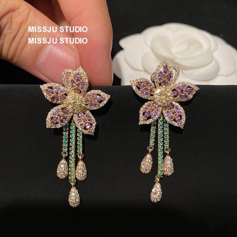 Two-Toned Gemstone Floral Shaped Tassel Gold Earrings Pink