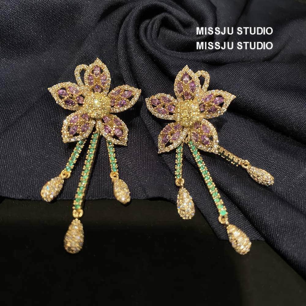 Two-Toned Gemstone Floral Shaped Tassel Gold Earrings Pink