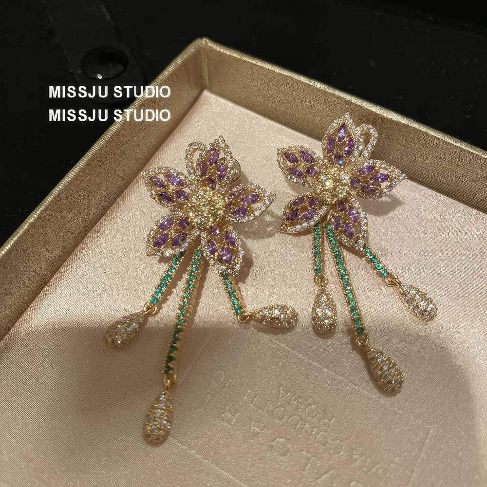 Two-Toned Gemstone Floral Shaped Tassel Gold Earrings Pink