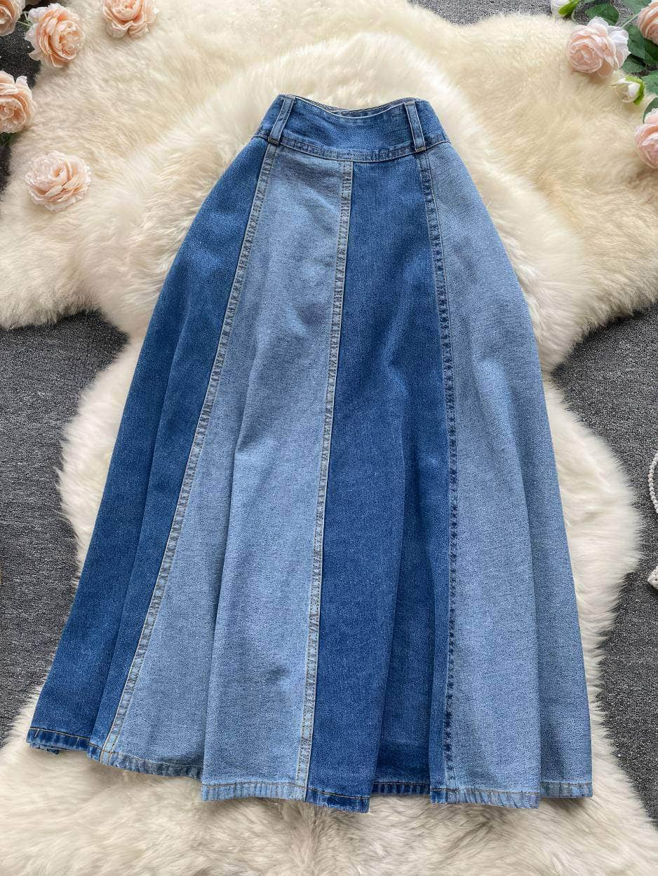 Two-Toned High-Waist Denim Skirt