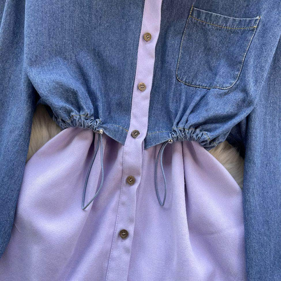 Two Toned Long Sleeves Mock Neck Denim Shirt