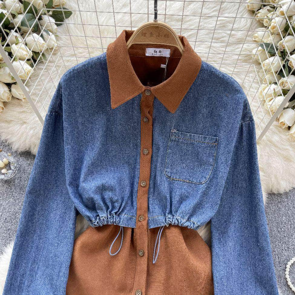 Two Toned Long Sleeves Mock Neck Denim Shirt