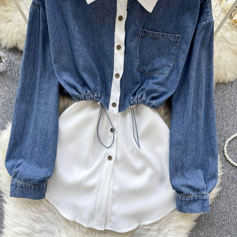 Two Toned Long Sleeves Mock Neck Denim Shirt