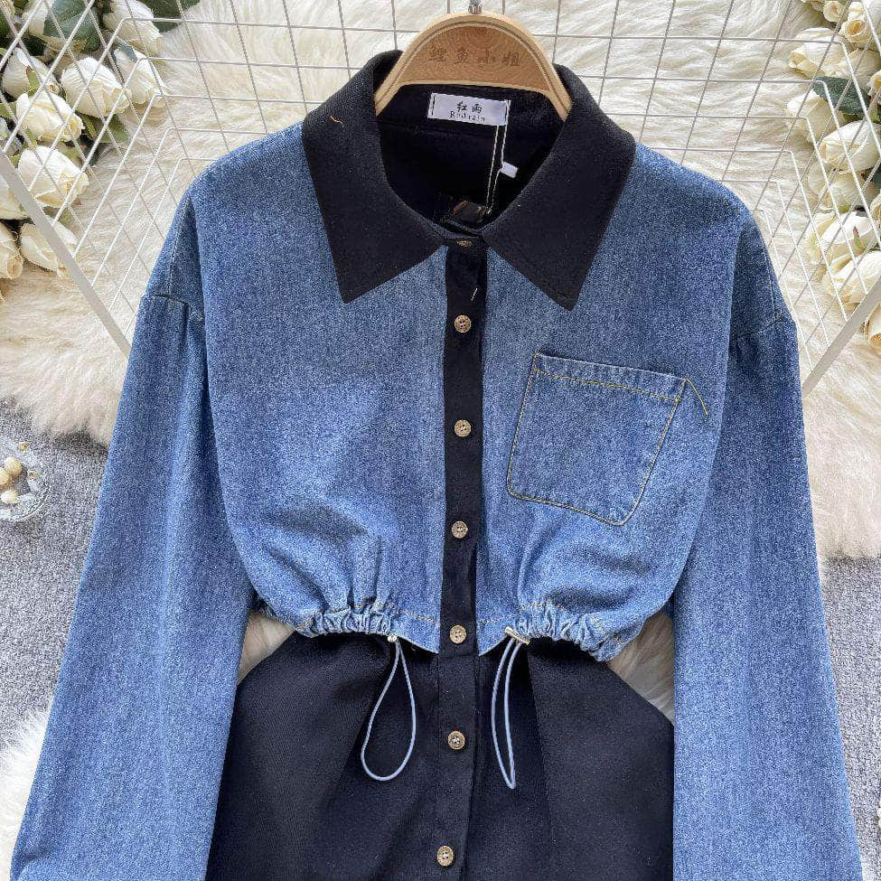 Two Toned Long Sleeves Mock Neck Denim Shirt