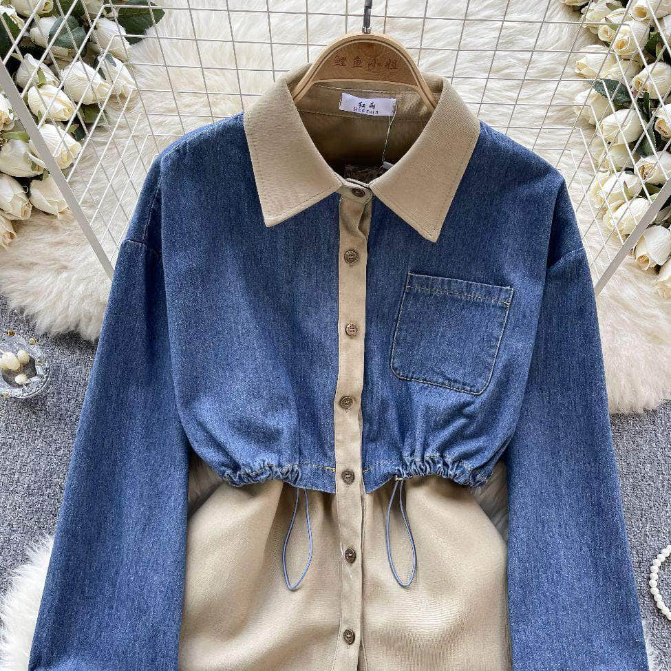 Two Toned Long Sleeves Mock Neck Denim Shirt