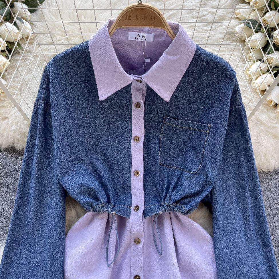 Two Toned Long Sleeves Mock Neck Denim Shirt