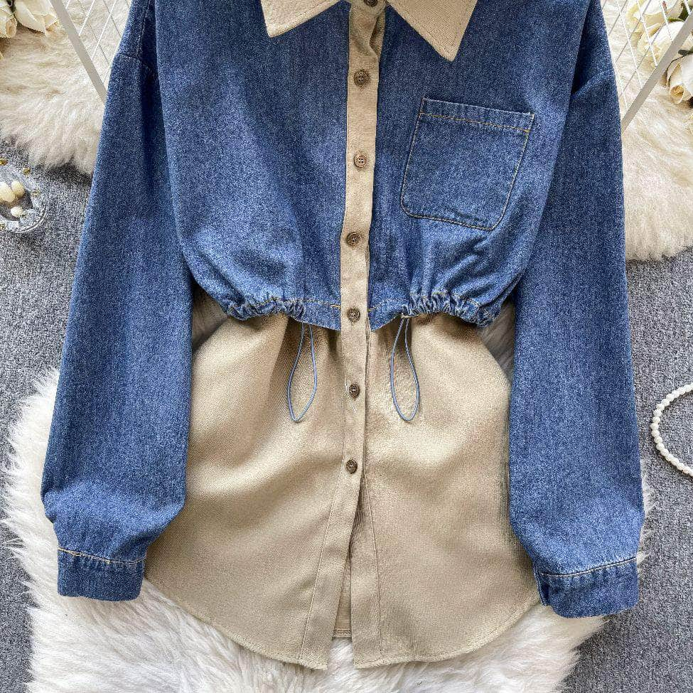 Two Toned Long Sleeves Mock Neck Denim Shirt