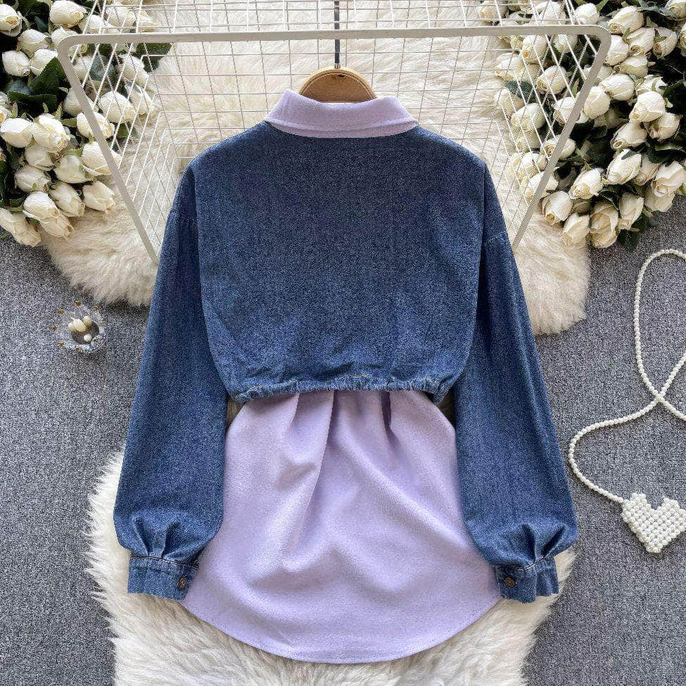 Two Toned Long Sleeves Mock Neck Denim Shirt