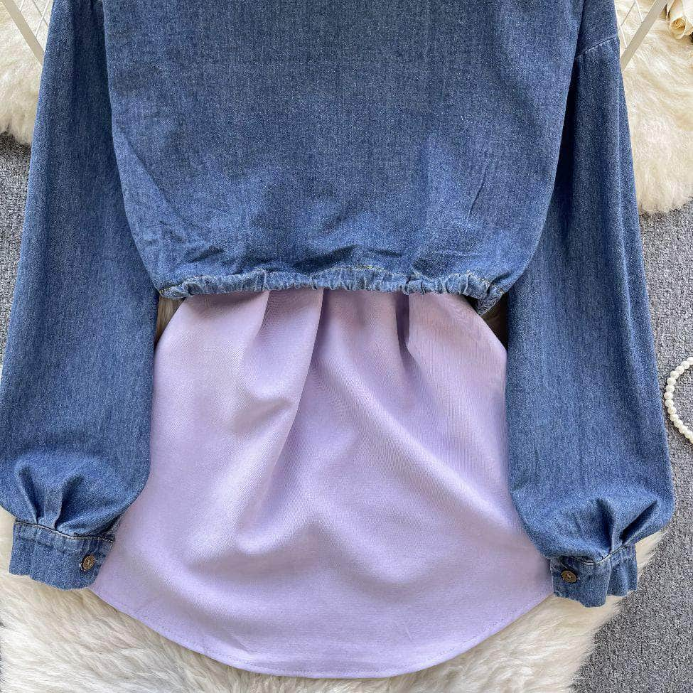 Two Toned Long Sleeves Mock Neck Denim Shirt