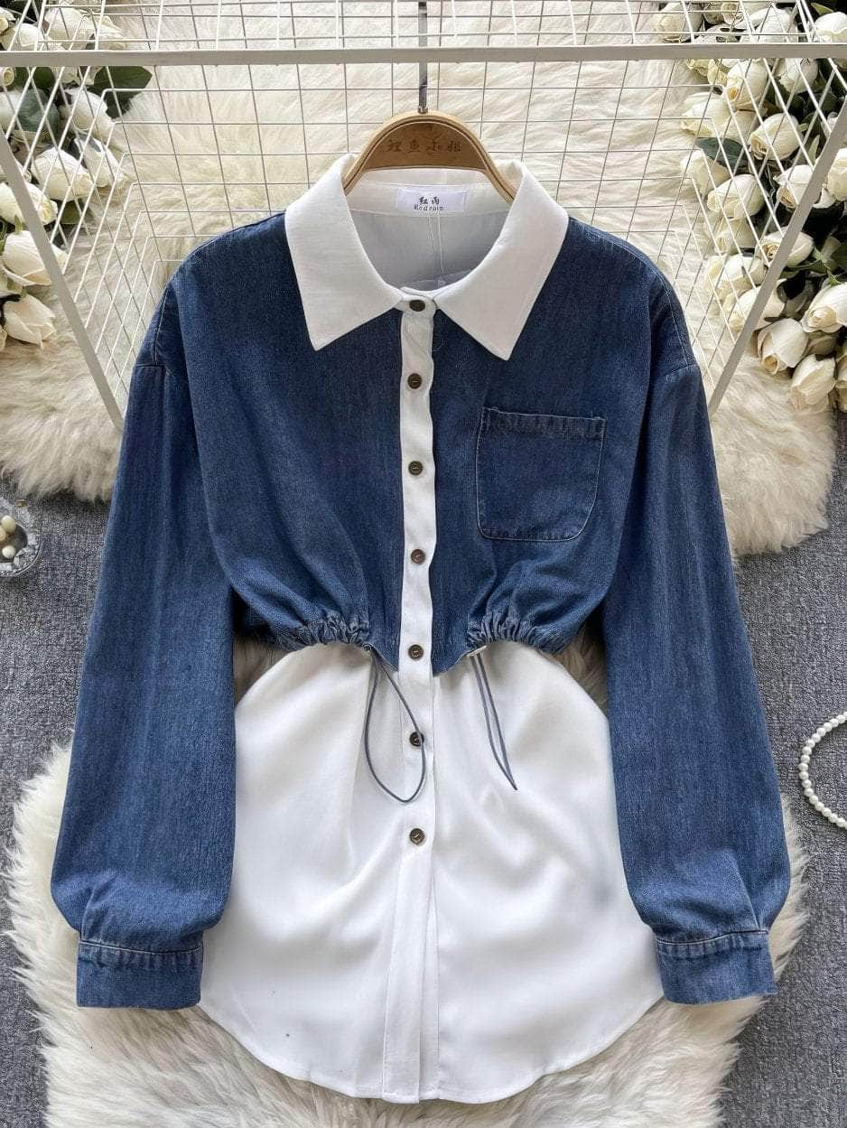 Two Toned Long Sleeves Mock Neck Denim Shirt