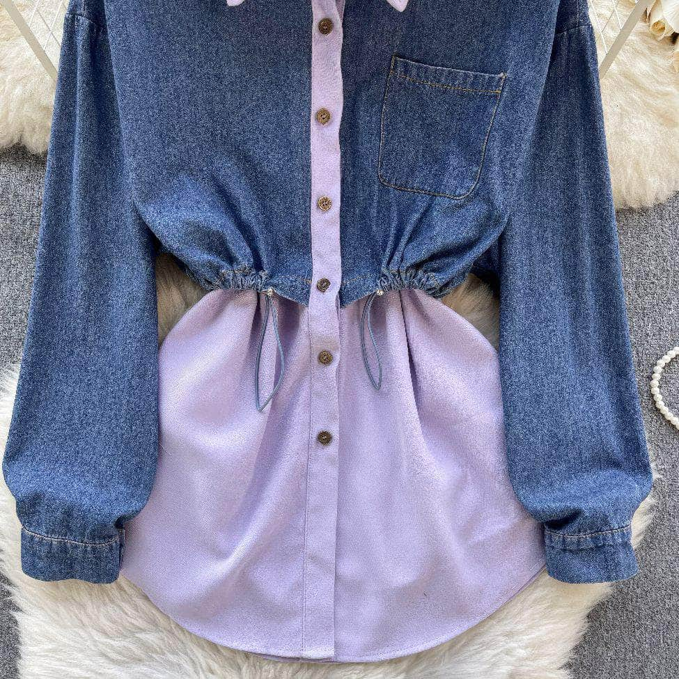 Two Toned Long Sleeves Mock Neck Denim Shirt