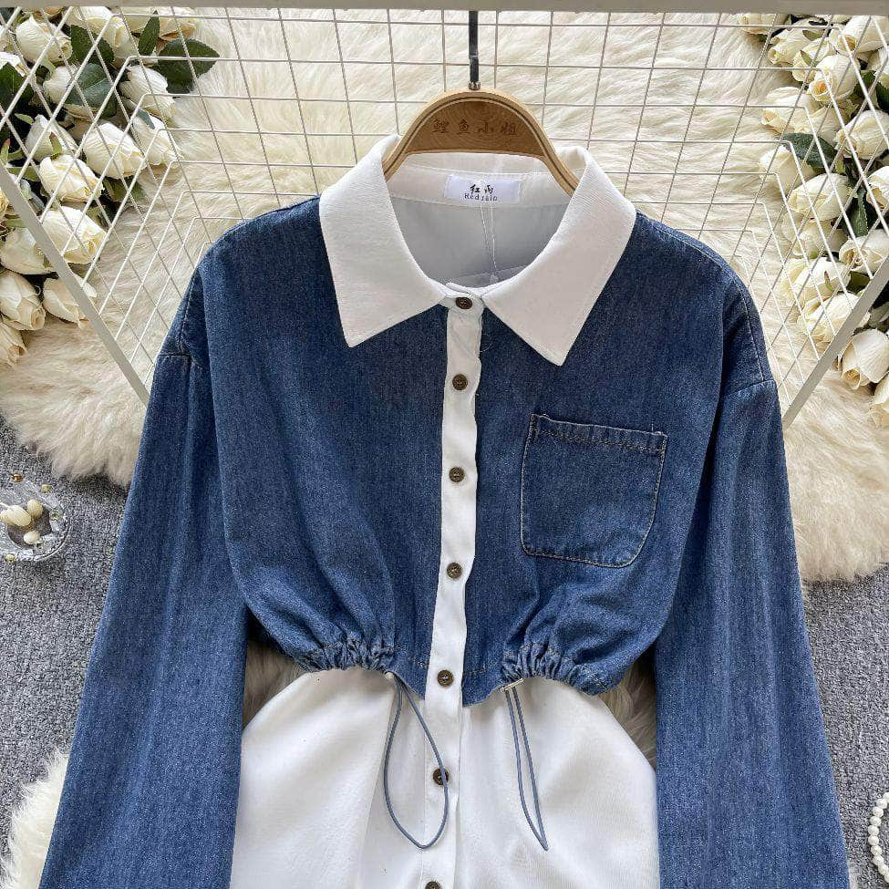 Two Toned Long Sleeves Mock Neck Denim Shirt