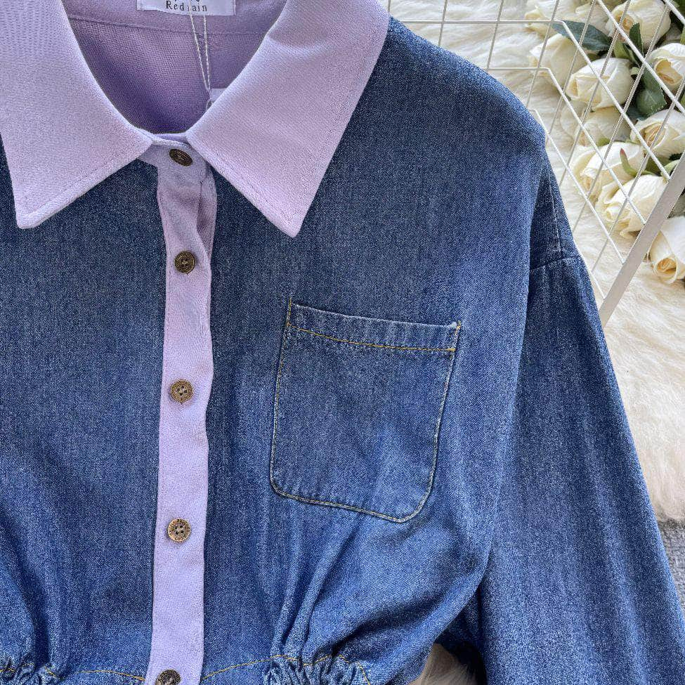 Two Toned Long Sleeves Mock Neck Denim Shirt