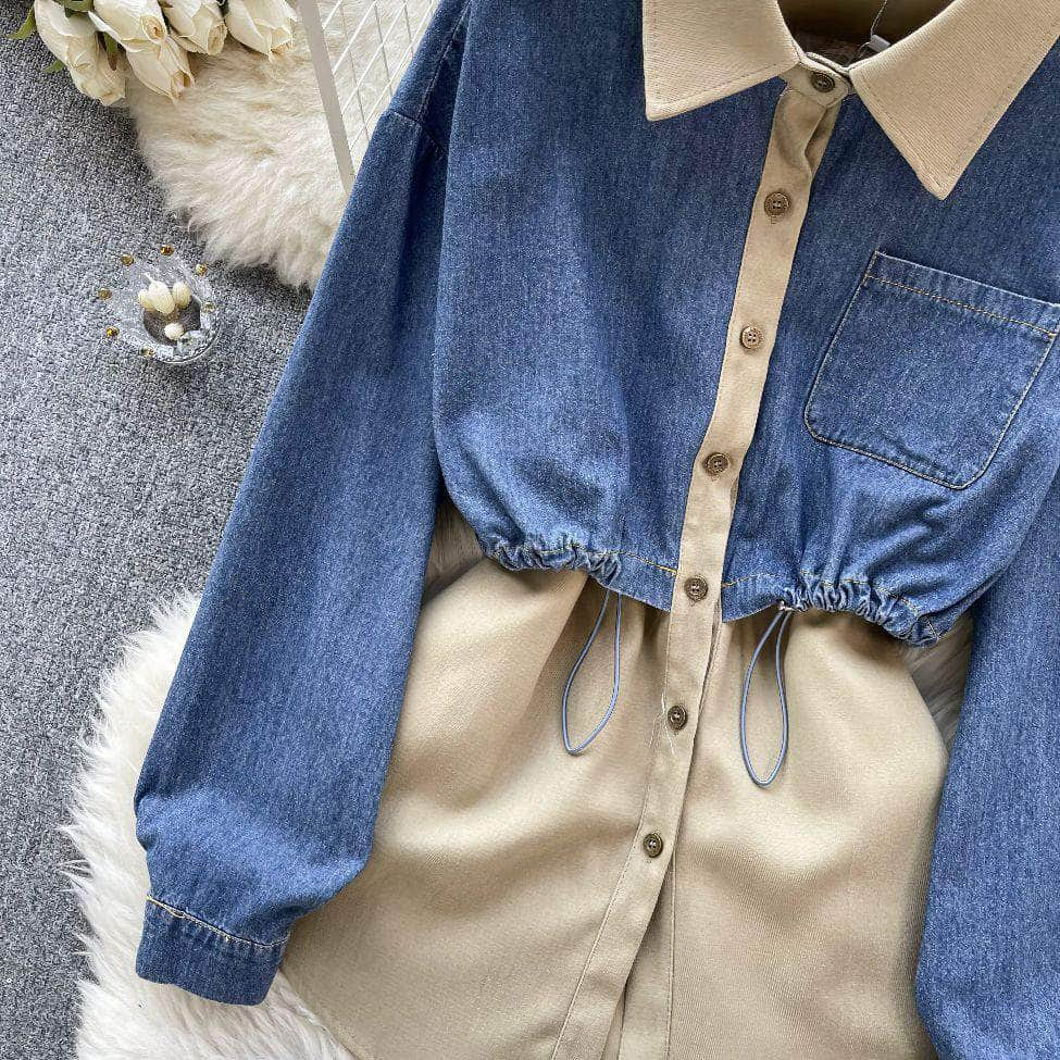 Two Toned Long Sleeves Mock Neck Denim Shirt