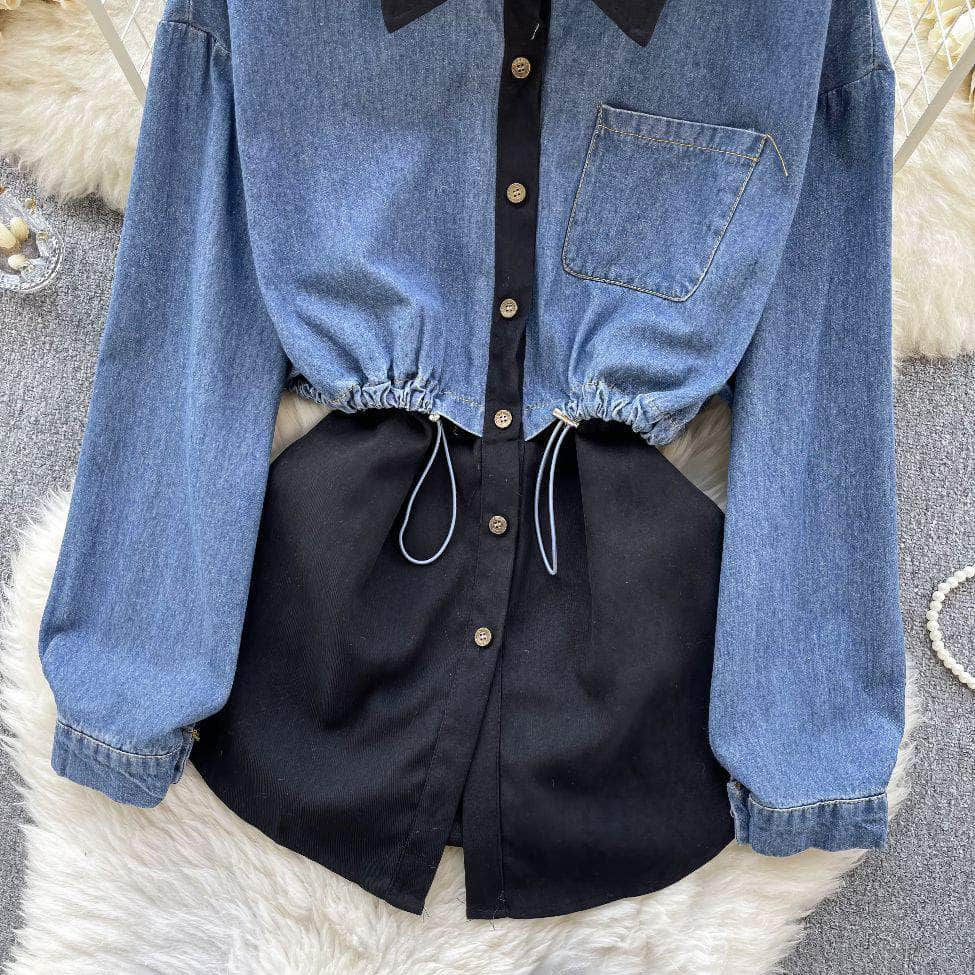 Two Toned Long Sleeves Mock Neck Denim Shirt