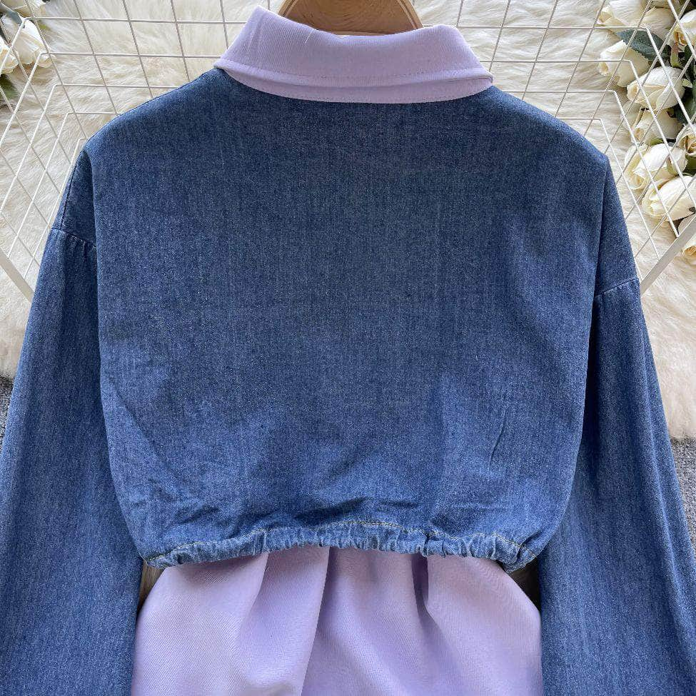 Two Toned Long Sleeves Mock Neck Denim Shirt