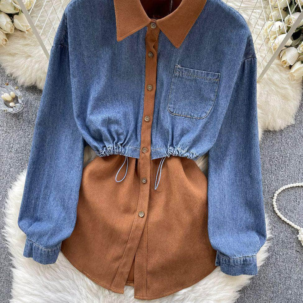 Two Toned Long Sleeves Mock Neck Denim Shirt