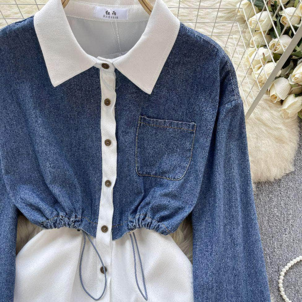 Two Toned Long Sleeves Mock Neck Denim Shirt