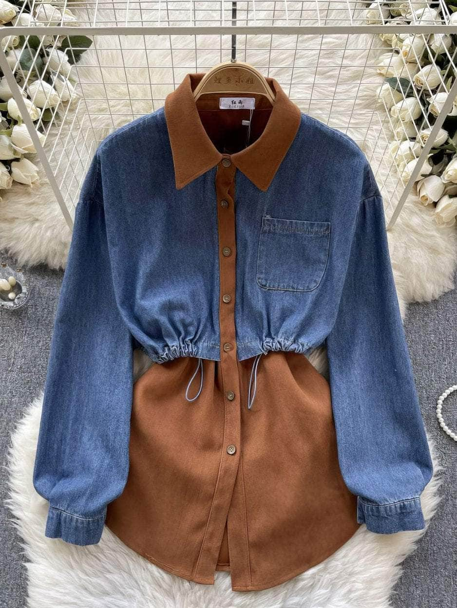 Two Toned Long Sleeves Mock Neck Denim Shirt