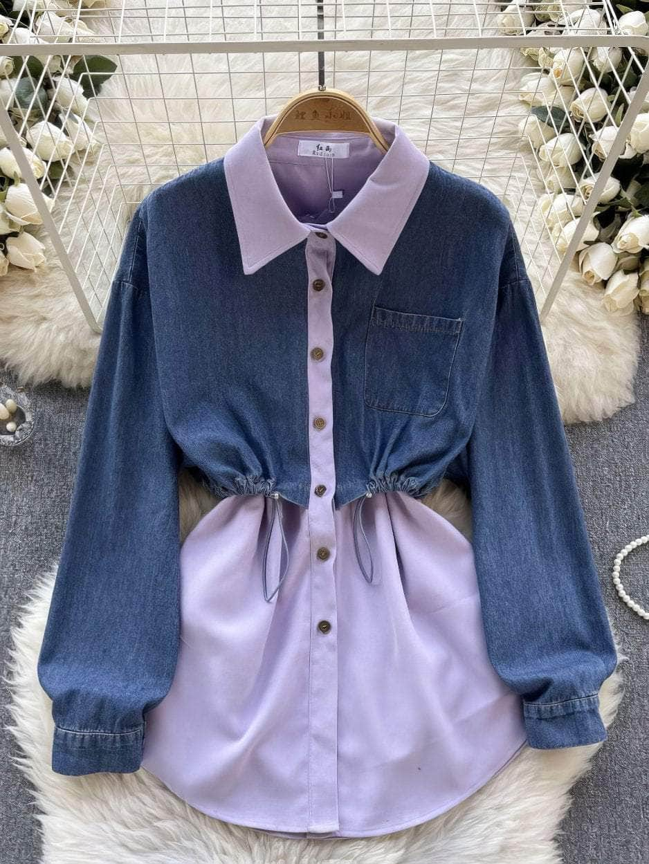 Two Toned Long Sleeves Mock Neck Denim Shirt