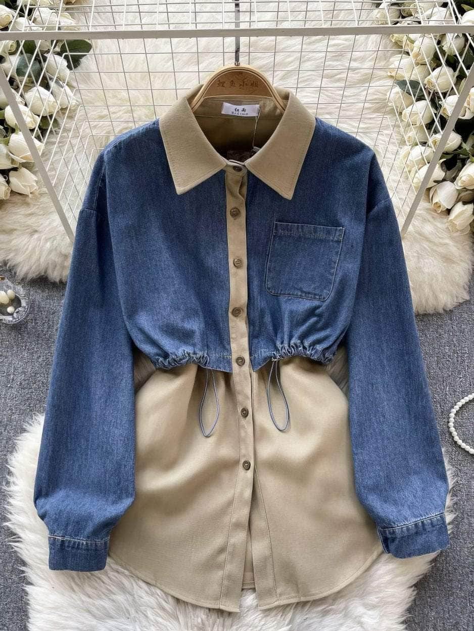 Two Toned Long Sleeves Mock Neck Denim Shirt MAX SIZE / Tan