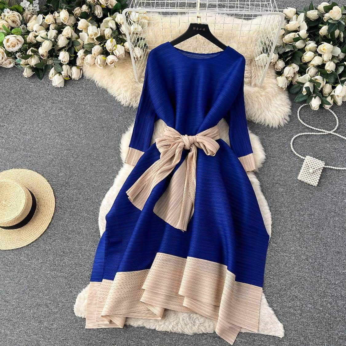 Two-Toned Mesh Bow Detailed Loose Dress MAX SIZE / Blue / With Belt