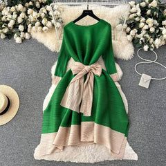 Two-Toned Mesh Bow Detailed Loose Dress MAX SIZE / Green / With Belt