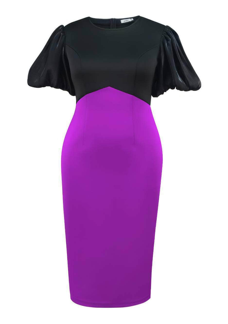 Two-Toned Puff Sleeves Round Neck Midi Dress