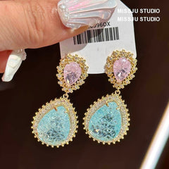 Two-Toned Shimmery Crystal Gold Dangle Earrings Blue