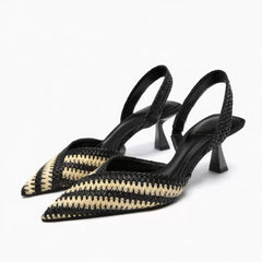 Two-Toned Woven Slingback Mid Stiletto Heels EU 34 / Black / 5CM