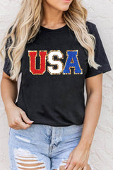USA Round Neck Short Sleeve T-Shirt Black / S