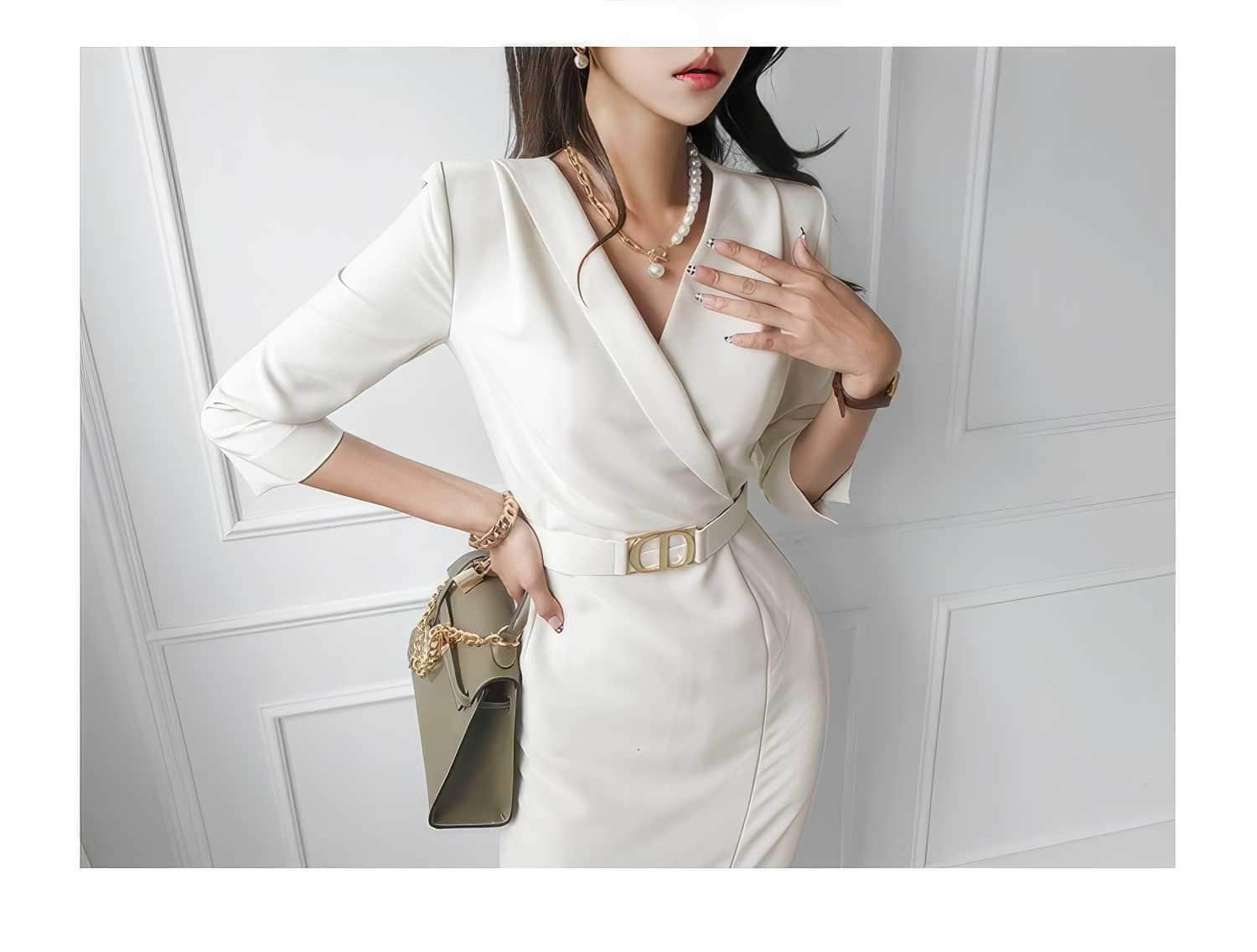 V-Neck Blazer Front Slit Dress