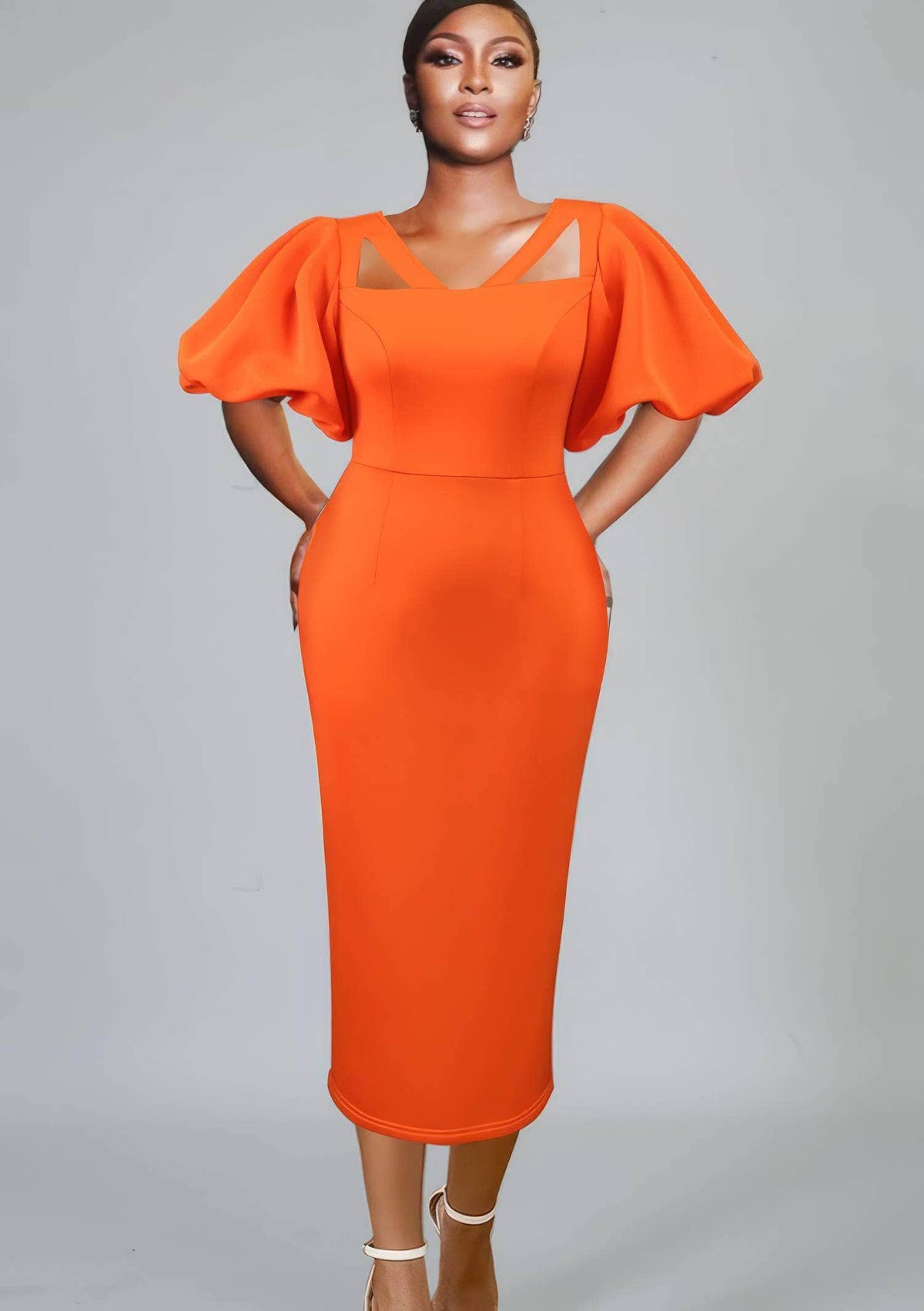 V-Neck Cut Out Puff Ruffled Sleeves Slim Fit Dress US 4-6 / OrangeRed