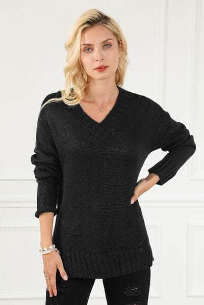 V-Neck Dropped Shoulder Sweater Black / S