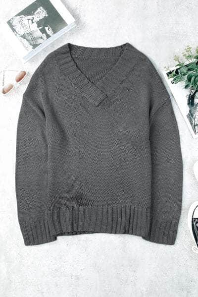 V-Neck Dropped Shoulder Sweater Charcoal / S