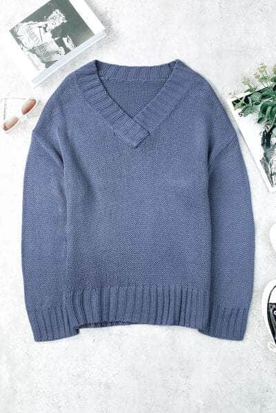 V-Neck Dropped Shoulder Sweater Dusty  Blue / S