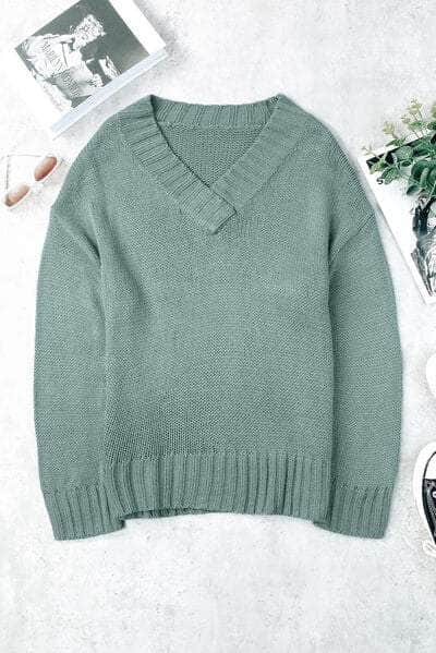 V-Neck Dropped Shoulder Sweater Gum Leaf / S