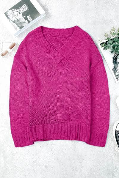 V-Neck Dropped Shoulder Sweater Hot Pink / S