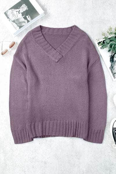 V-Neck Dropped Shoulder Sweater Lilac / S