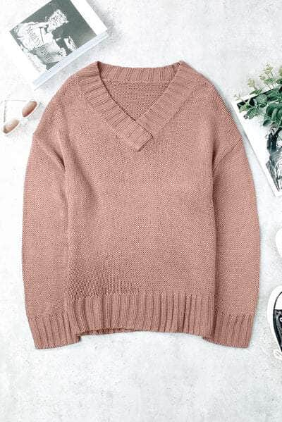 V-Neck Dropped Shoulder Sweater Peach / S