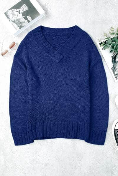 V-Neck Dropped Shoulder Sweater Royal  Blue / S