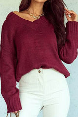 V-Neck Dropped Shoulder Sweater Wine / S