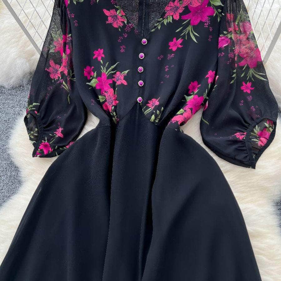 V Neck Floral Print Mid Sleeves Buttoned Down Maxi Dress