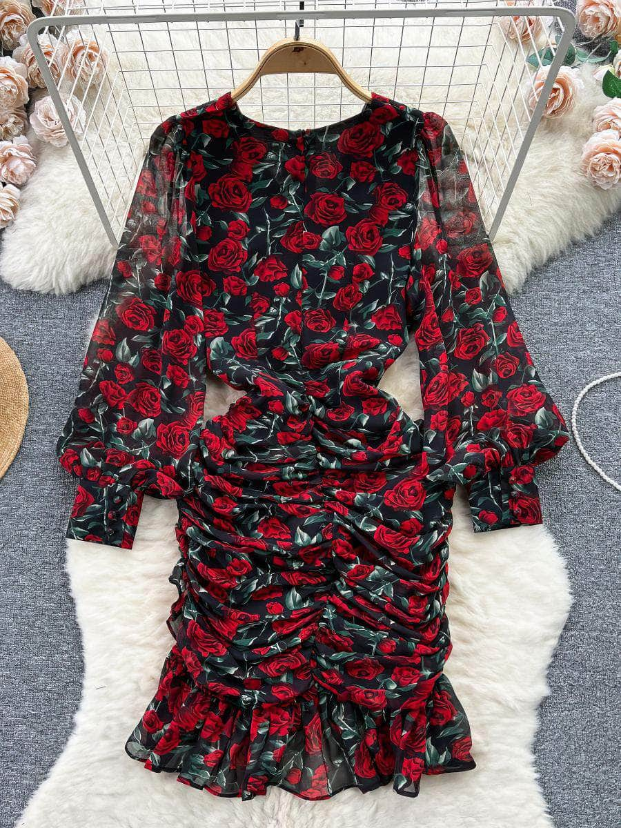 V-neck Floral Ruffled Lantern Sleeves Dress