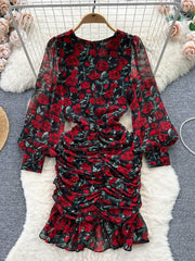 V-neck Floral Ruffled Lantern Sleeves Dress