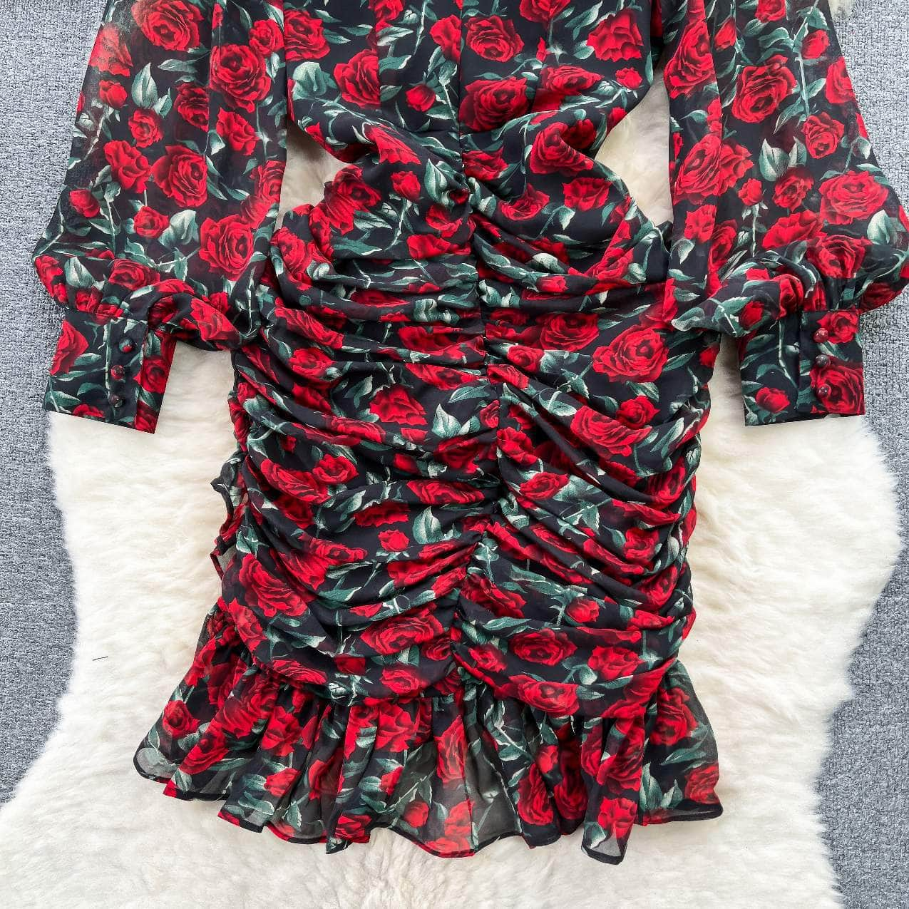 V-neck Floral Ruffled Lantern Sleeves Dress