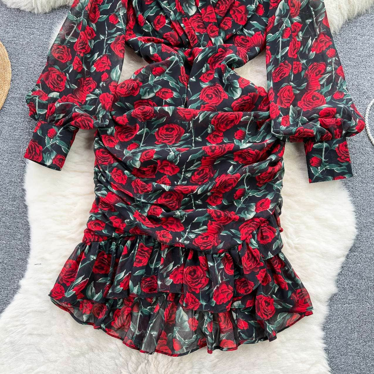 V-neck Floral Ruffled Lantern Sleeves Dress