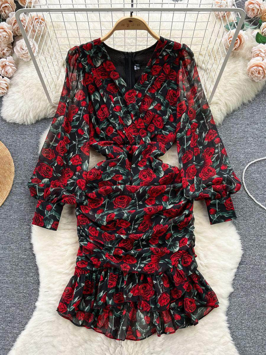 V-neck Floral Ruffled Lantern Sleeves Dress S / DarkRed