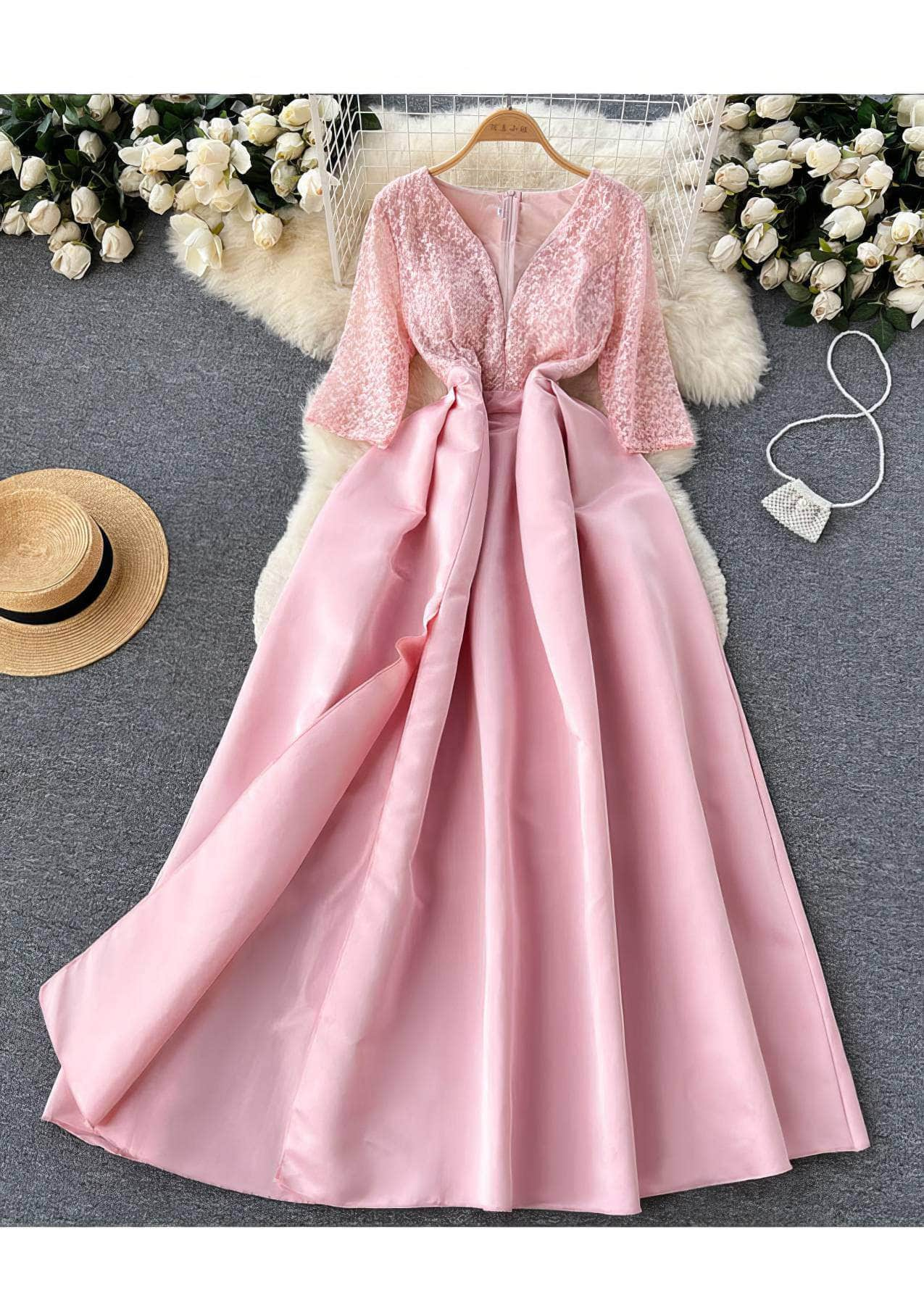 V Neck Lace Embroidered Maxi A-line Dress S / Pink