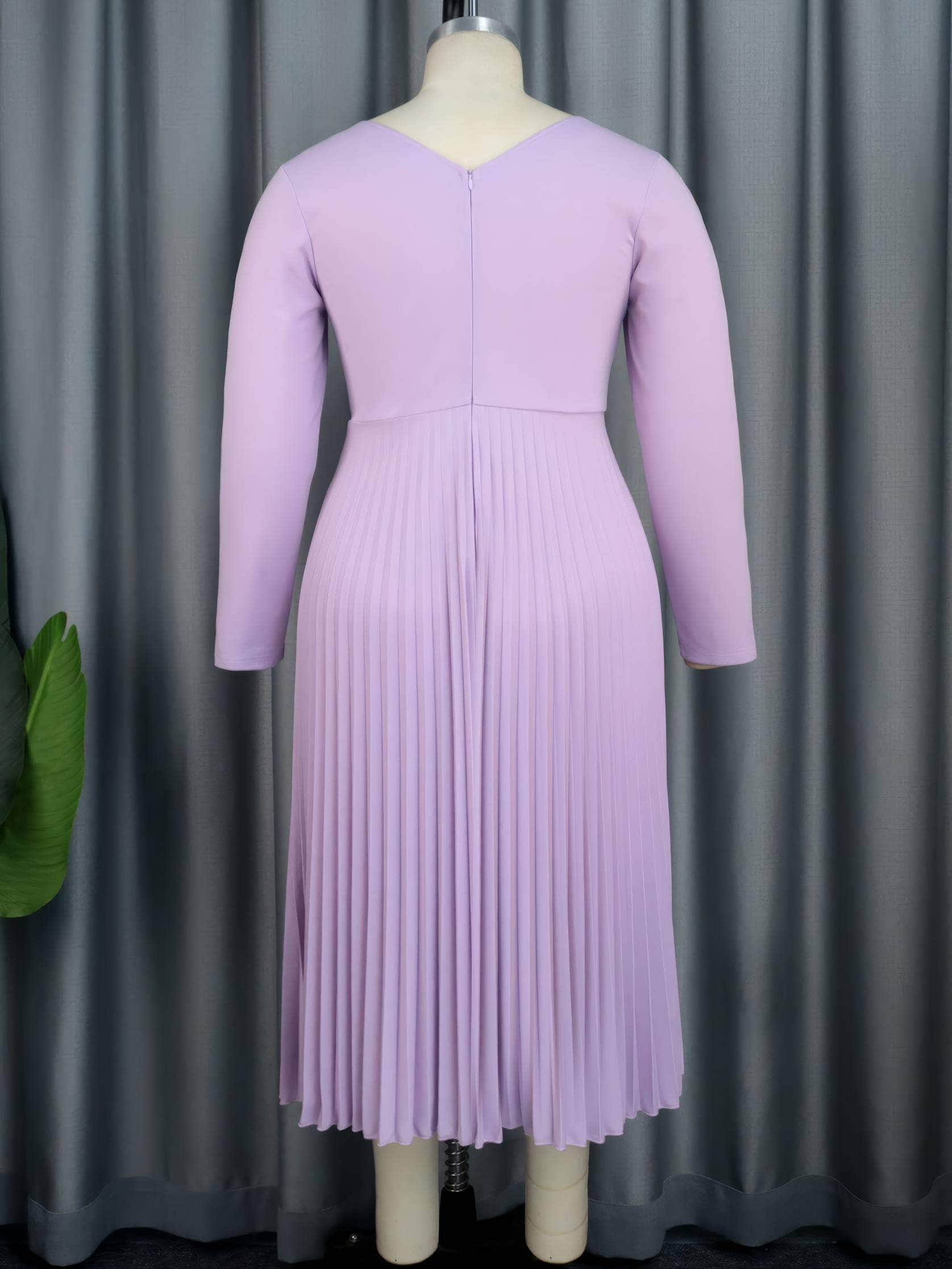 V-Neck Long Sleeves Cut-Out Pleated Hem Dress